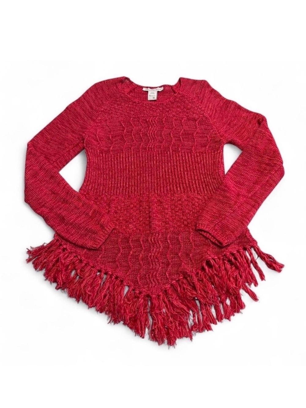 American Rag Fringe Cable Knit Sweater Juniors XL Red Boho Hippie Western Cotton